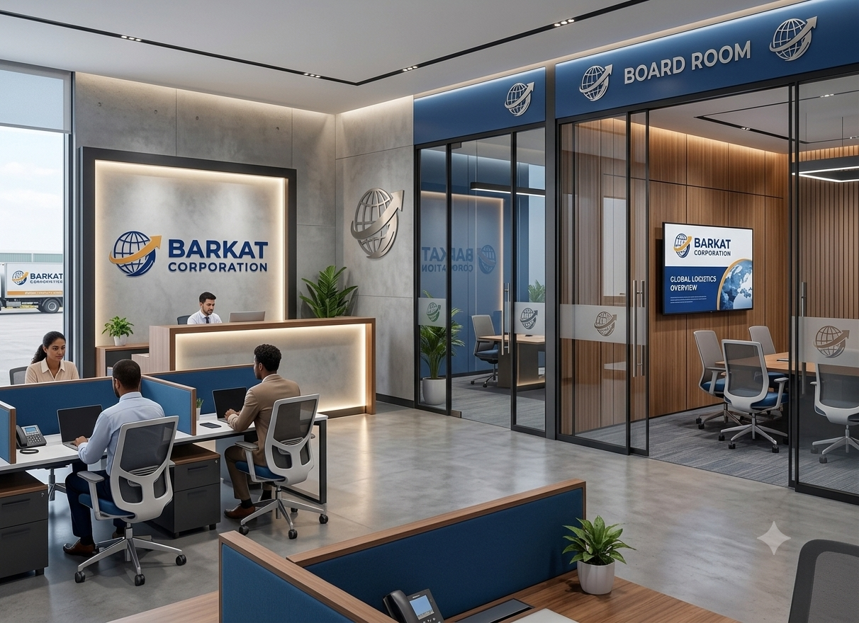 Barkat Corporation modern office reception, workstations, and board room